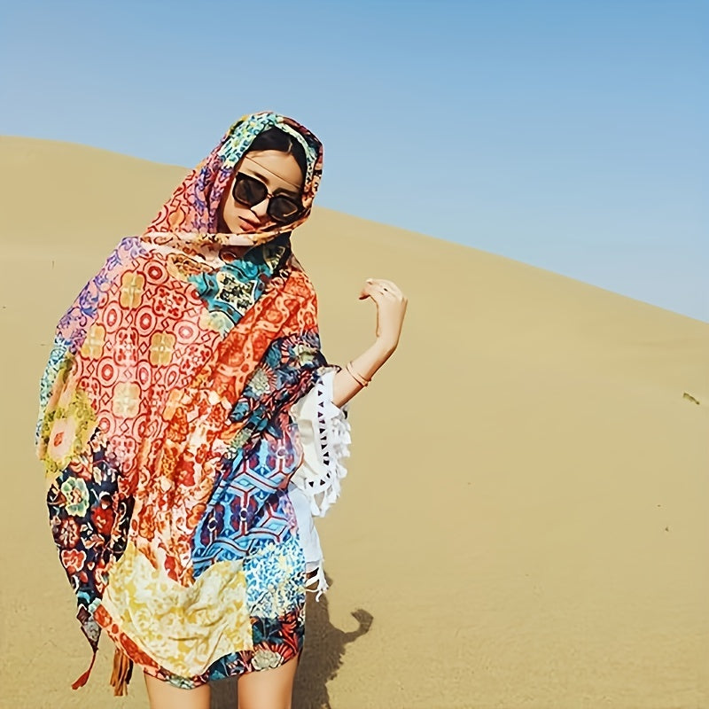Boho Flower Print Scarf Vintage Tassel Shawl Windproof Head Wrap