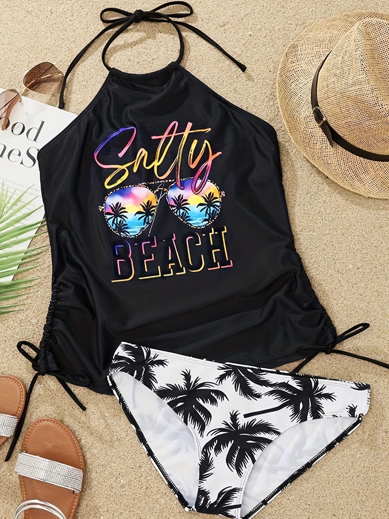 Coconut Tree Sunglasses Drawstring Halter 2 Piece Swimsuit