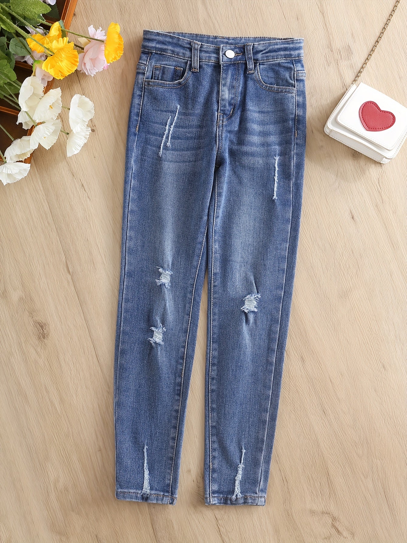 Girls Ripped Stretch Skinny Jeans Street Outfit