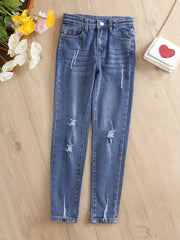 Girls Ripped Stretch Skinny Jeans Street Outfit