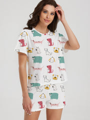 Cartoon Dog Print Lounge Set Short Sleeve Top & Shorts Women's Loungewear