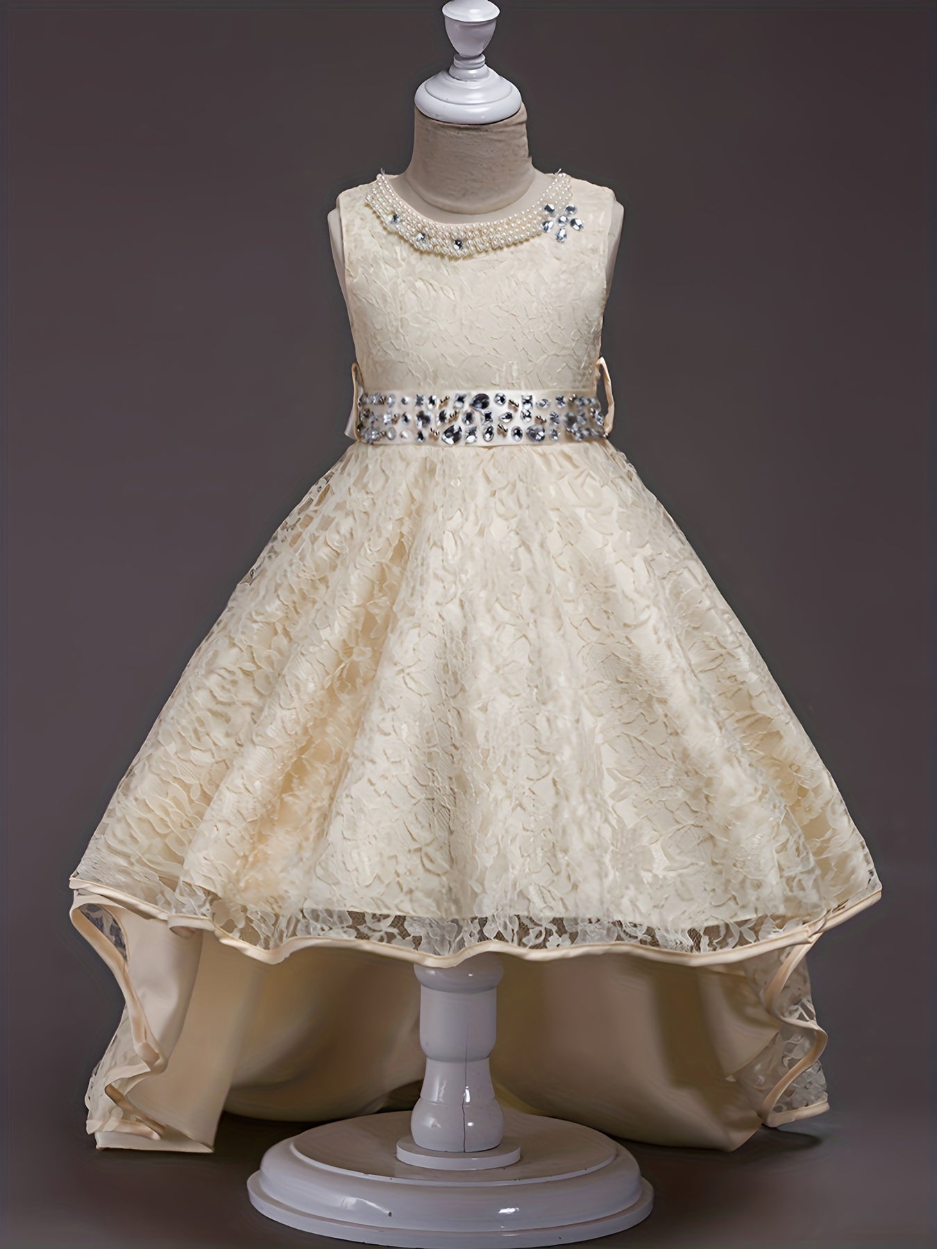 Girls Sleeveless Puffy Princess Dress Tulle Lace Beaded Rhinestone