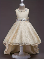 Girls Sleeveless Puffy Princess Dress Tulle Lace Beaded Rhinestone
