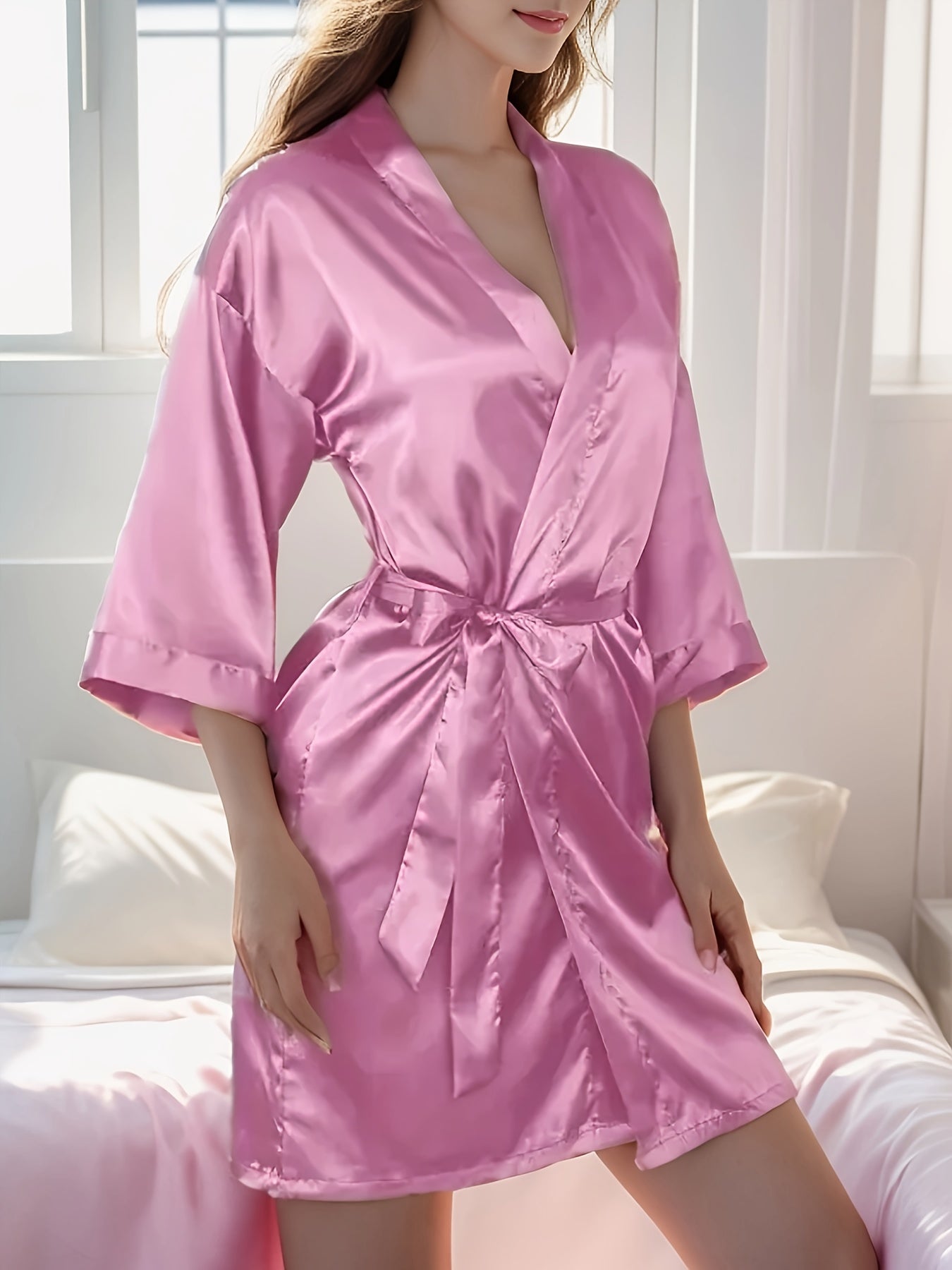 Letter Embroidery Night Robe Long Sleeve V Neck Robe With Belt Women's Sleepwear