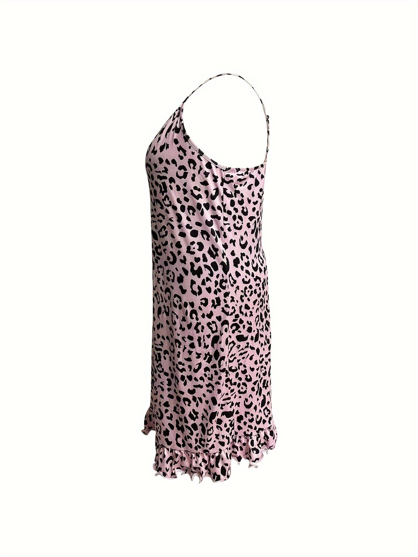 Sexy Nightdress Leopard Print Ruffle Trim Stretch Cami Sleep Dress