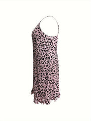 Sexy Nightdress Leopard Print Ruffle Trim Stretch Cami Sleep Dress