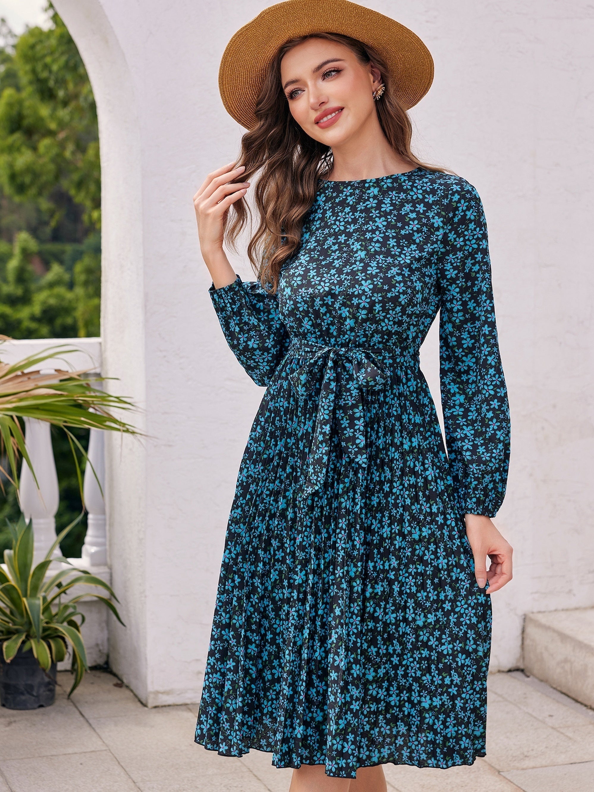 Floral Print Dress Pleated Lantern Long Sleeve Dress