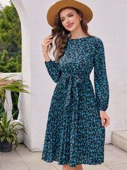 Floral Print Dress Pleated Lantern Long Sleeve Dress