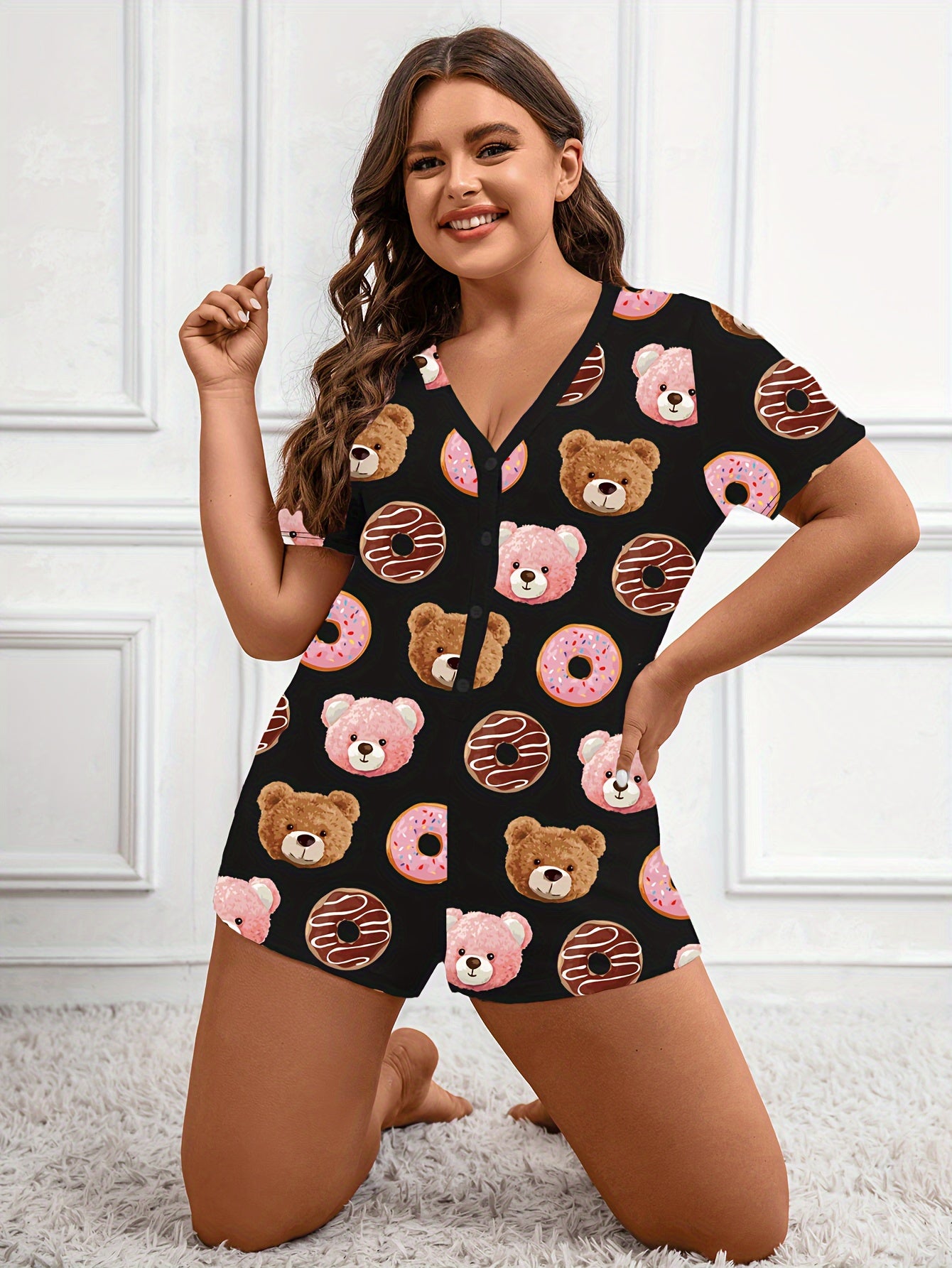 Donut & Bear Print Short Sleeve Button Up Loungewear Romper