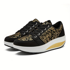 Floral Pattern Wedge Sneakers Lace Up Thick Sole Walking Shoes