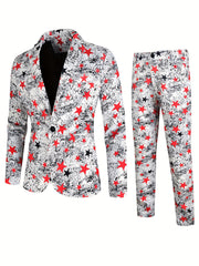 Print Suit Set Men's One Button Lapel Jacket & Pants Suit Set