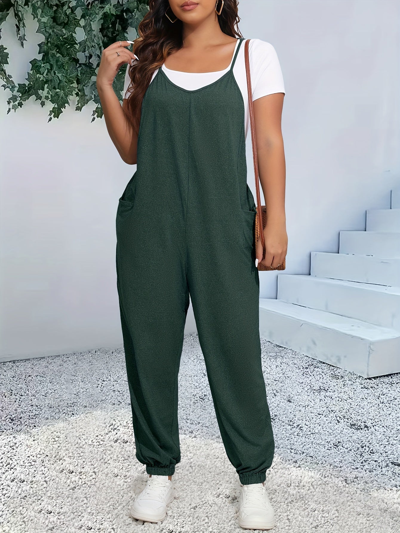 Women's Plus Size Heathered V Neck Cami Jumpsuit