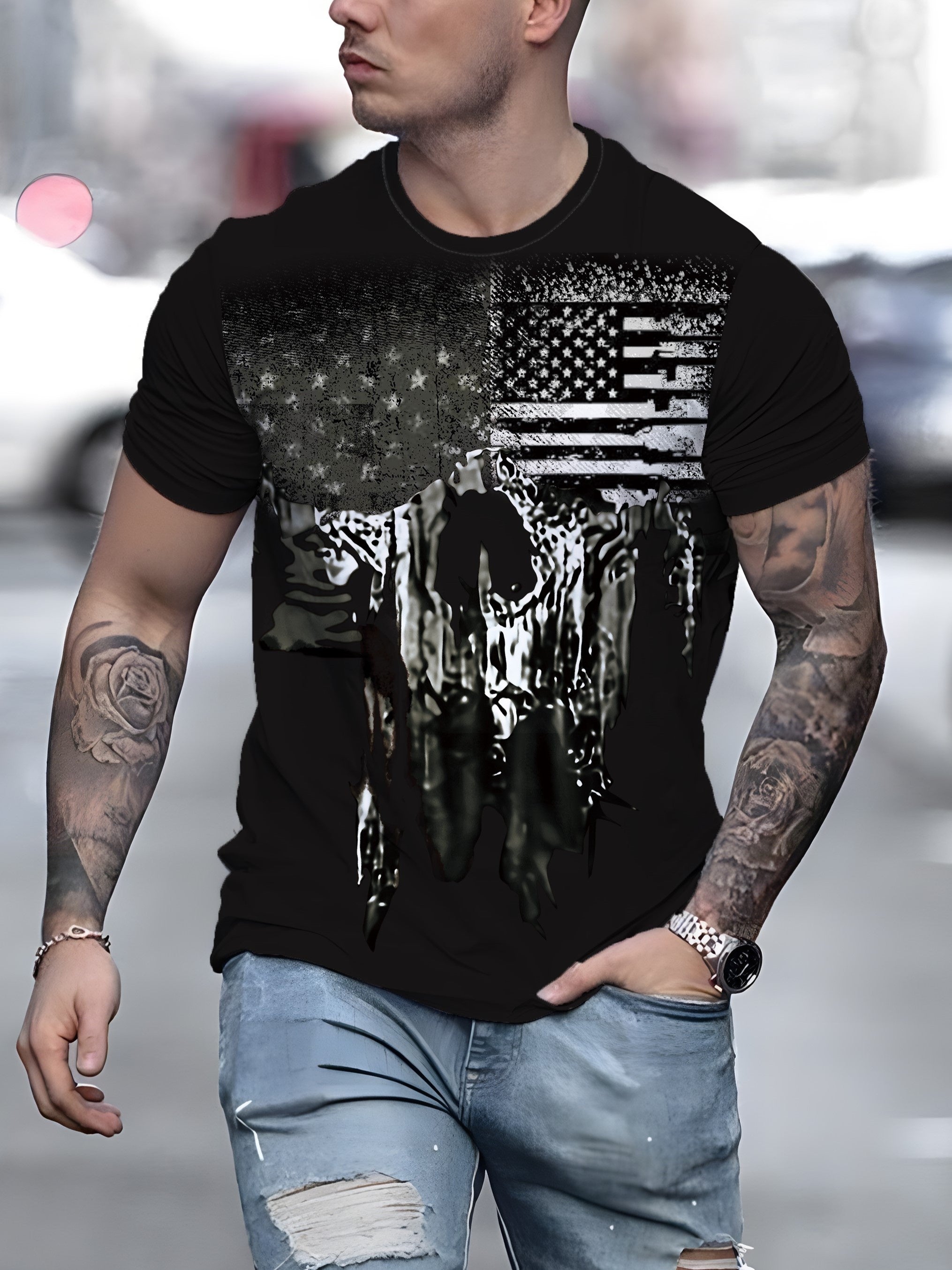Flag Pattern Print Men's Short Sleeve T-shirt Graphic Tee