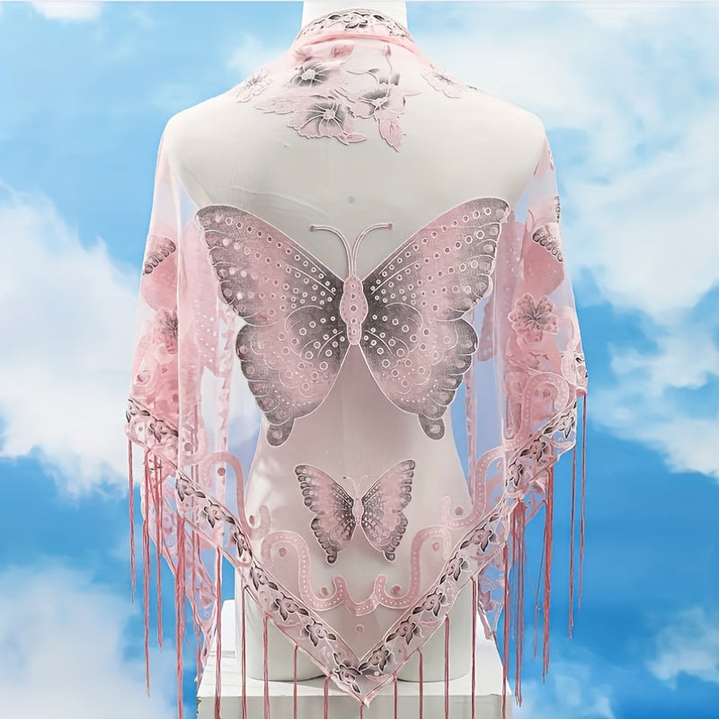 Lace Butterfly Print Shawl Long Fringed Triangle Towel for Women