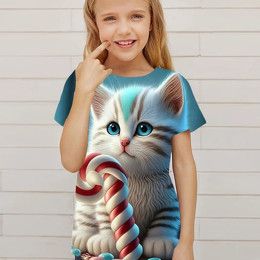 Cat Graphic Short Sleeve T-shirt for Girls