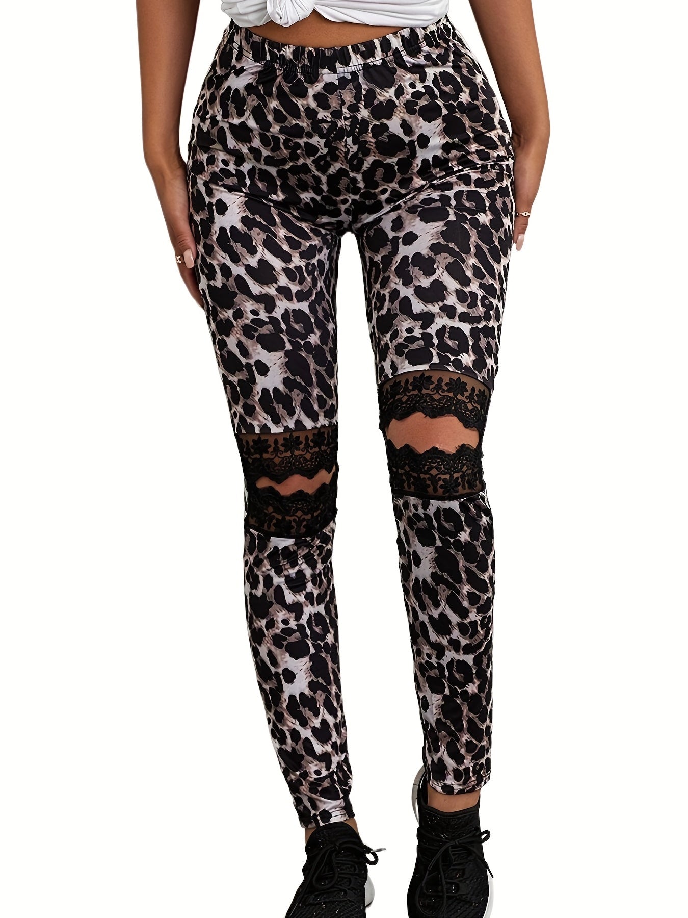 Leopard Print Ripped Skinny Leggings Casual Lace Stitching