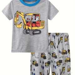 Excavator Cartoon Print Toddler Boys 2PC Pajamas Set