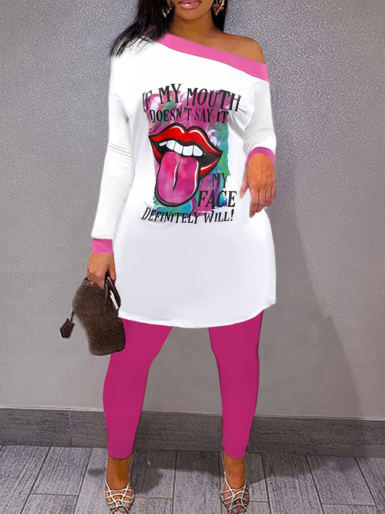 Women's Plus Lip Print One Shoulder Tee & Leggings Set