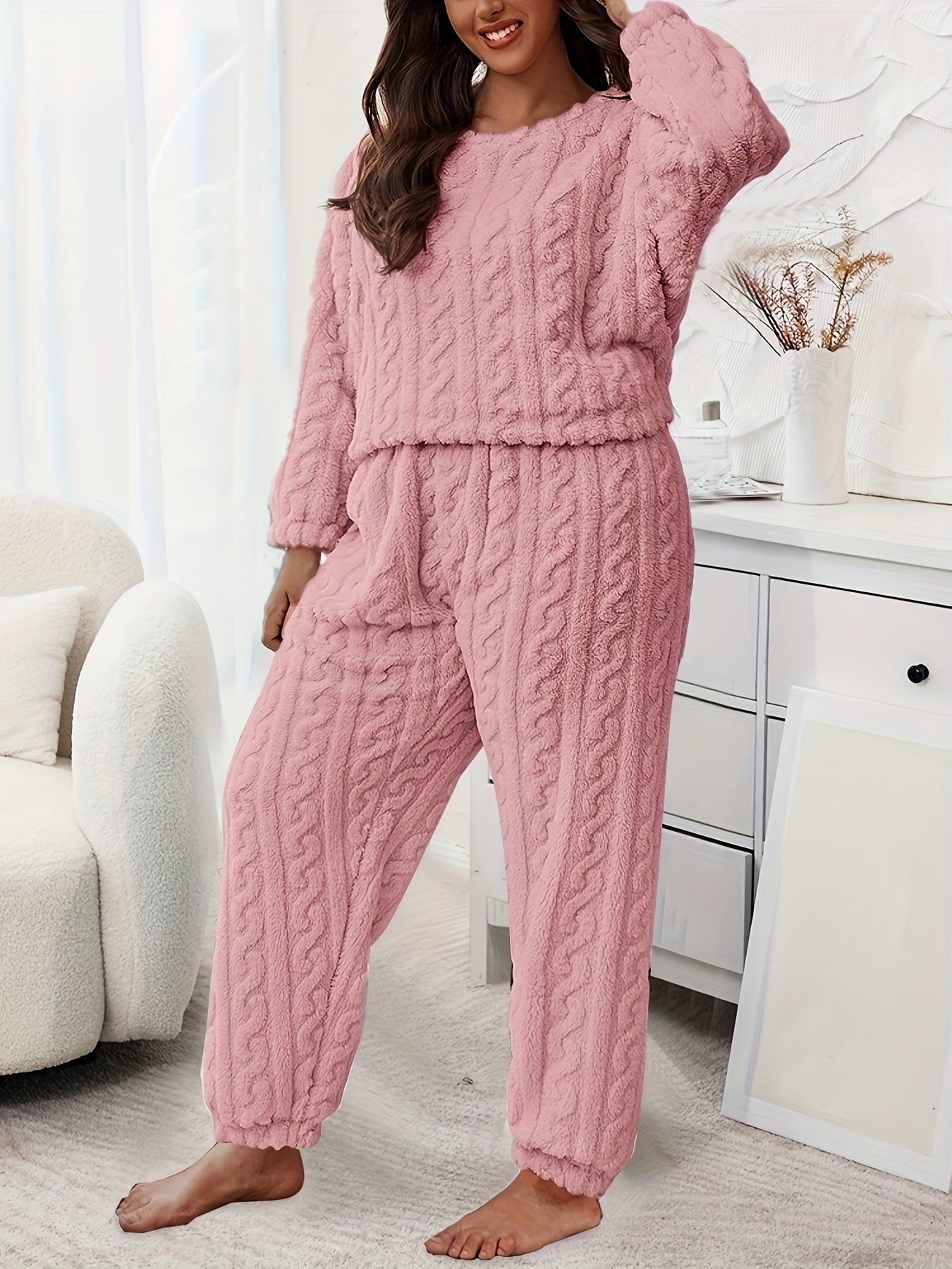 Flannelette Loungewear Set Crew Neck Top & Joggers Pajamas
