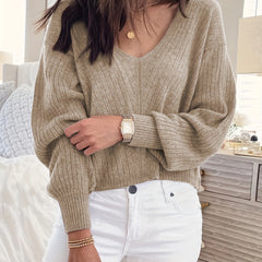 Casual Sweater Women's Plus Ribbed Lantern Sleeve V Neck Jumper