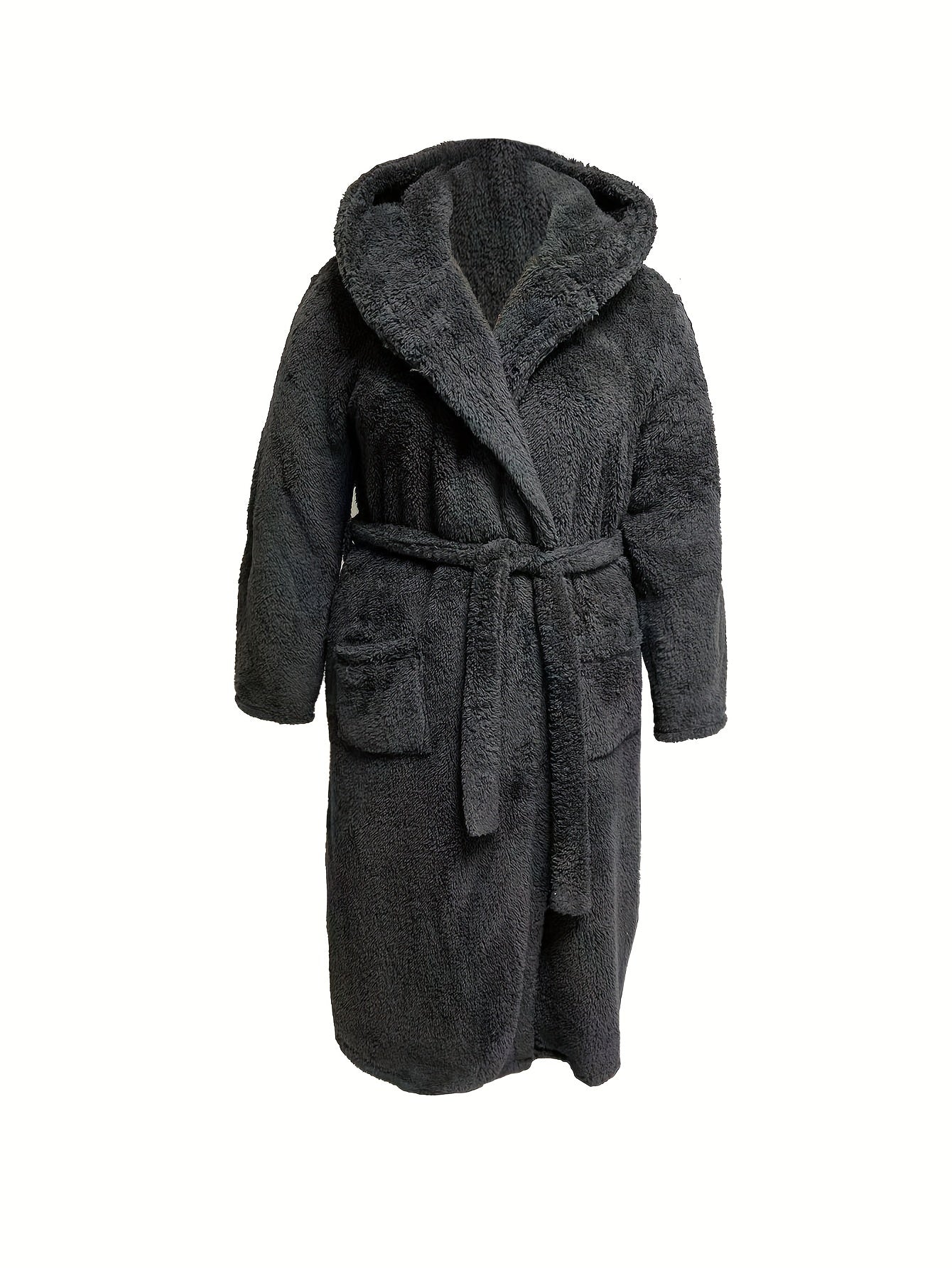 Womens Plus Size Hooded Flannel Bathrobe Warm Robe With Pockets