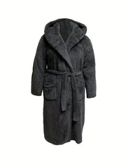 Womens Plus Size Hooded Flannel Bathrobe Warm Robe With Pockets