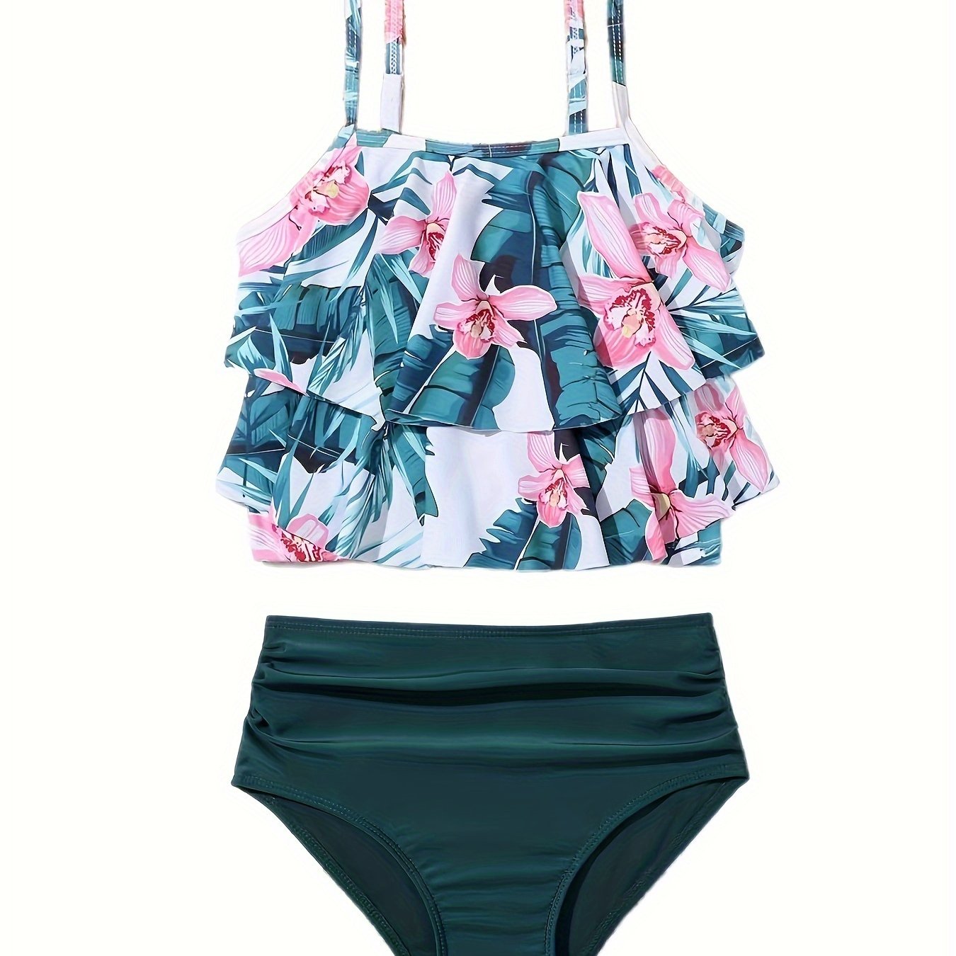 Girls Flower Graphic Swimwear Set Ruffle Trim Bathing Suit