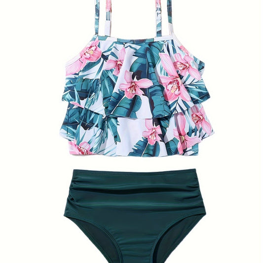 Girls Flower Graphic Swimwear Set Ruffle Trim Bathing Suit