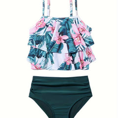 Girls Flower Graphic Swimwear Set Ruffle Trim Bathing Suit