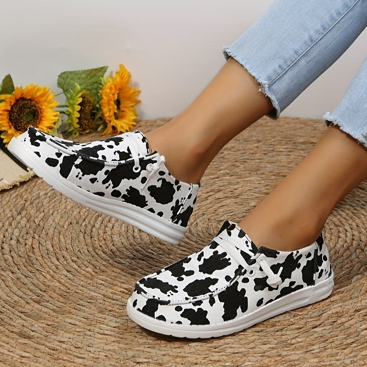 Women's Cow Printed Flat Loafers Lace Up Canvas Shoes