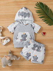 2pcs Baby Boys Elephant Print Hoodie & Shorts Set