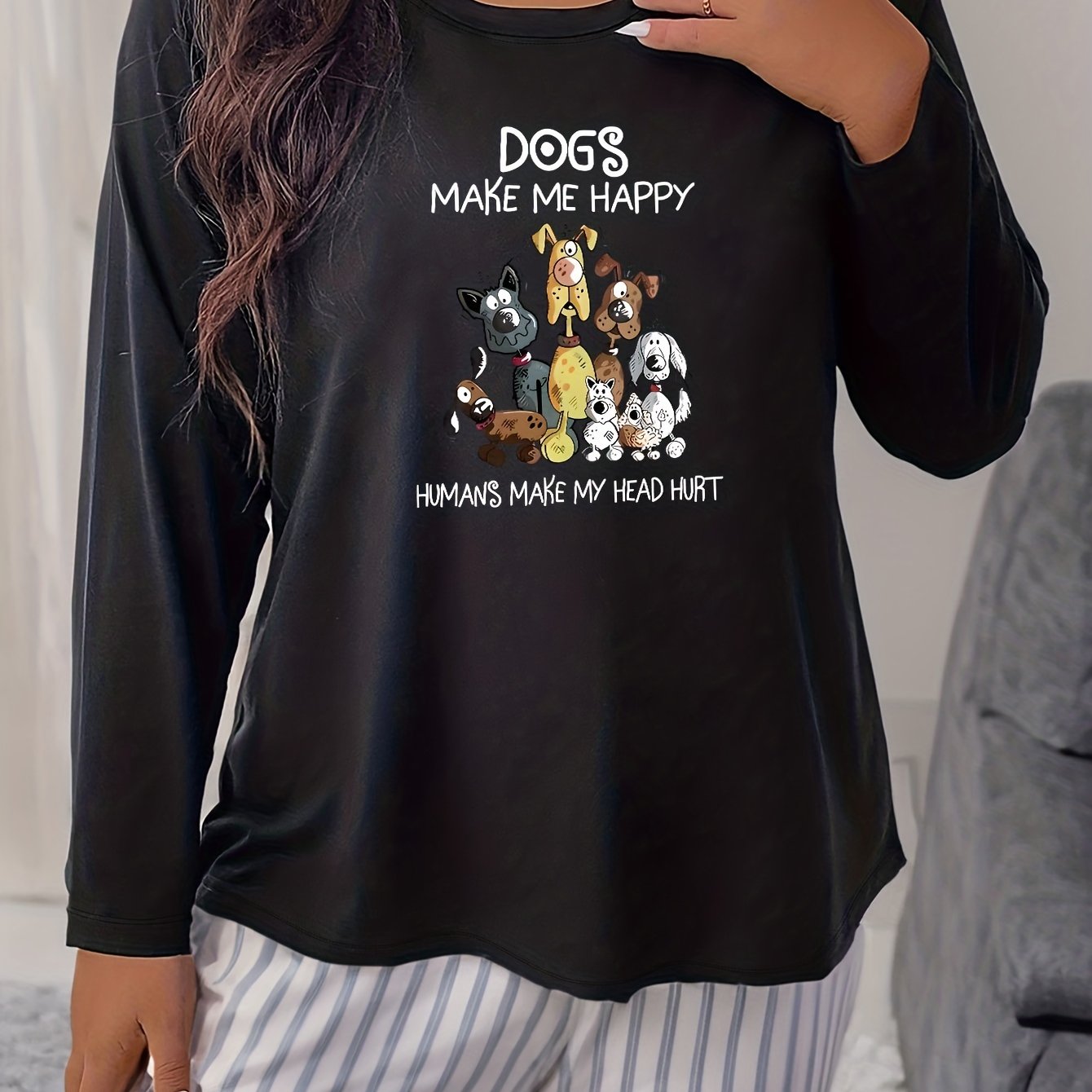 Women's Plus Size Dogs & Slogan Print Long Sleeve Crew Neck Pajama Tee