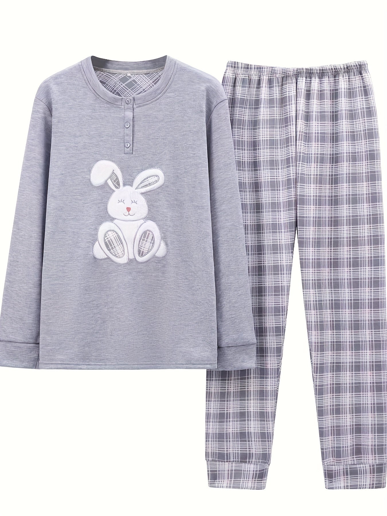 Bunny Print Pajama Set Long Sleeve Top & Plaid Pants