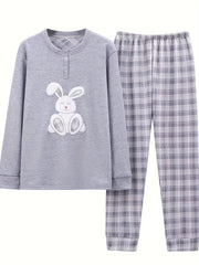 Bunny Print Pajama Set Long Sleeve Top & Plaid Pants