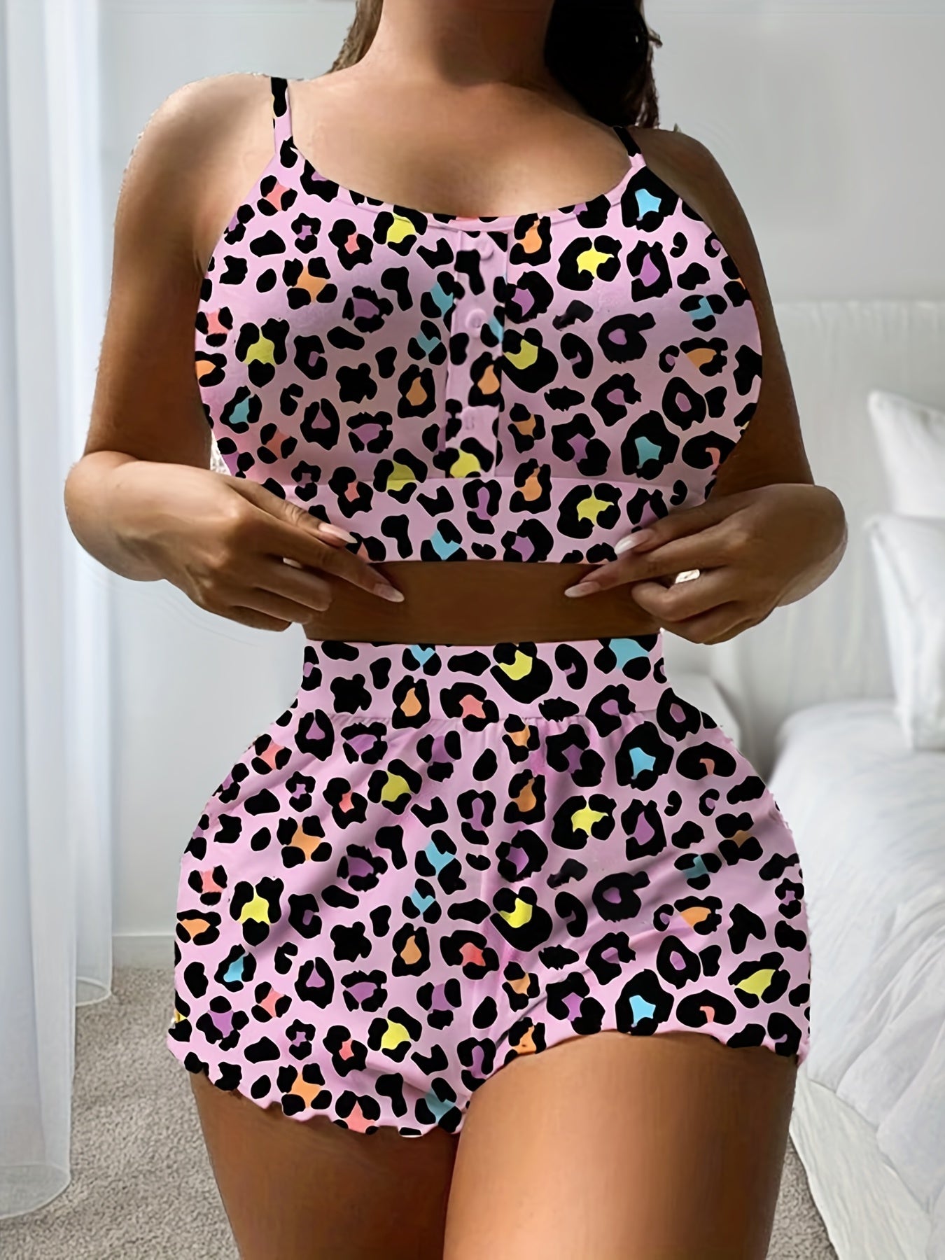 Casual Pajama Set Women's Plus Leopard Print Cami Top & Shorts