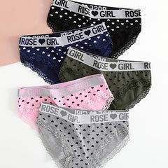 5pcs Letter & Heart Print Briefs Lace Trim Panties Women's Lingerie