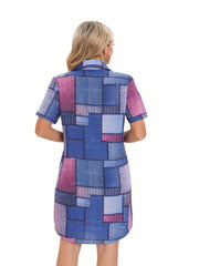 Women's Plus Denim Print Zipper Short Sleeve Turn Down Collar Dress