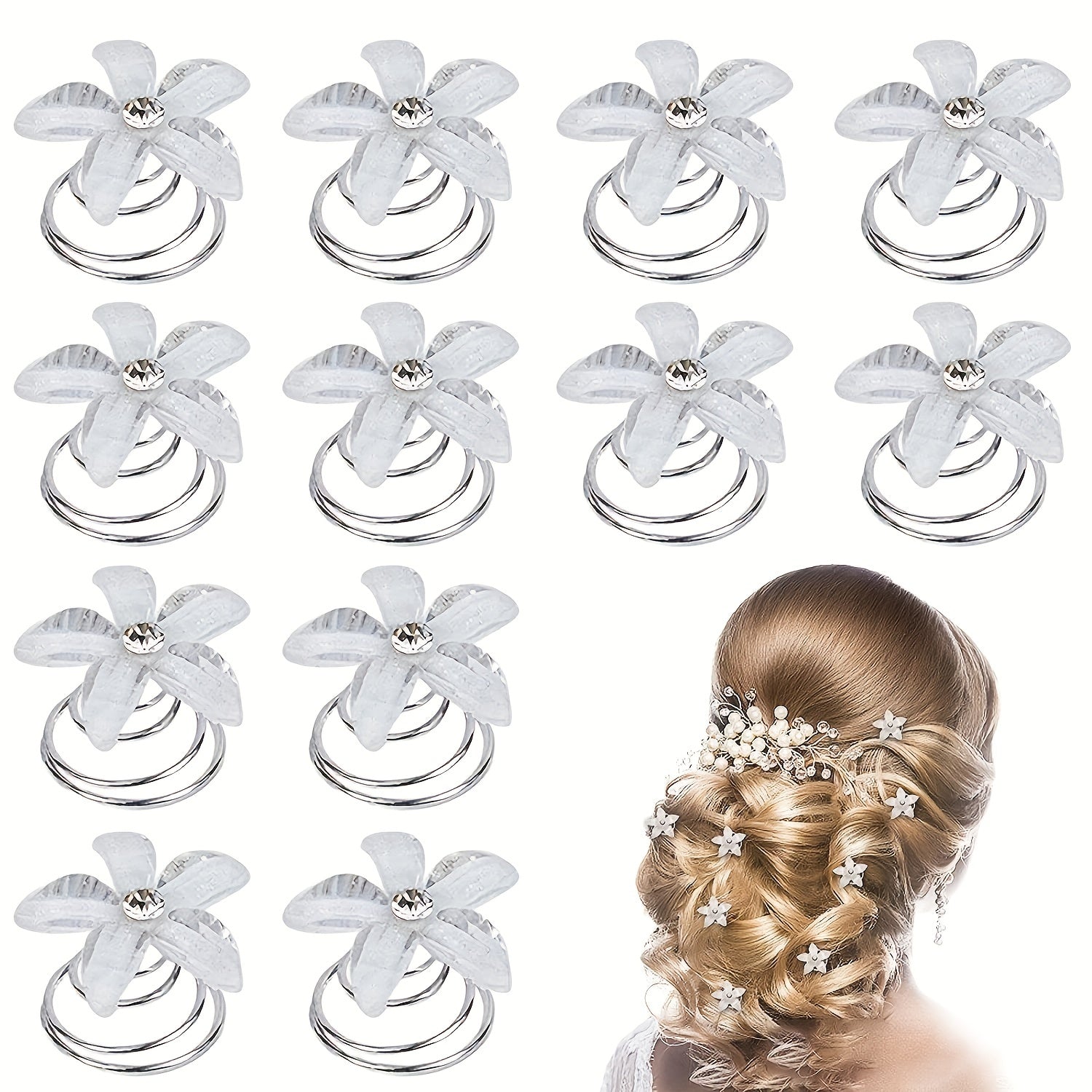 10pcs Rhinestone Plum Blossom Hair Spiral Clip Butterfly Headwear