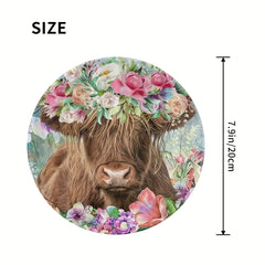 Floral Highland Cow Mouse Pad Round Mouse Mat Non Slip Rubber Base