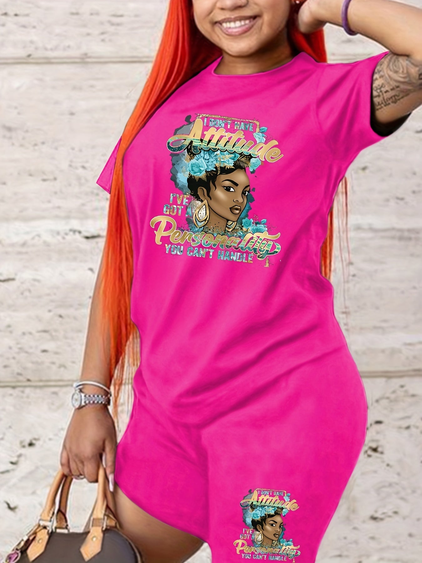 Women's Plus Figure & Letter Print Tee & Shorts Outfits 2pcs Set
