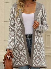 Retro Cardigan Women's Plus Hooded Open Front Geo Pattern Long Sleeve