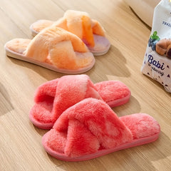 Women's Tie Dye Plush House Slippers Warm Open Toe Slip On Shoes