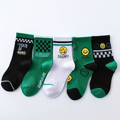 5pairs Checker Smiling Face Crew Socks for Kids