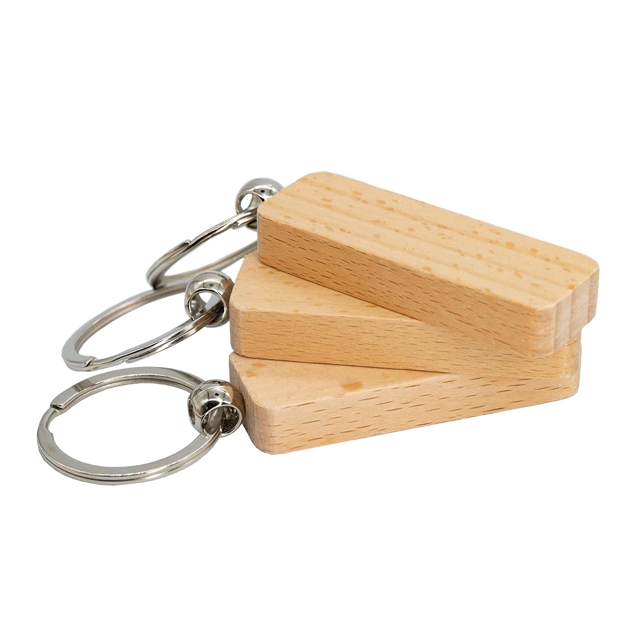 3pcs Wooden Keychain Blanks Rectangle Shape Engravable Portable Key Rings
