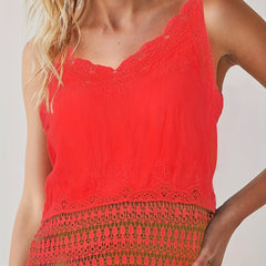 Embroidered Lace Cami Top Boho Crew Neck Sleeveless Summer Women's Clothing