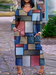 Denim Print Long Sleeve Maxi Dress With Pockets