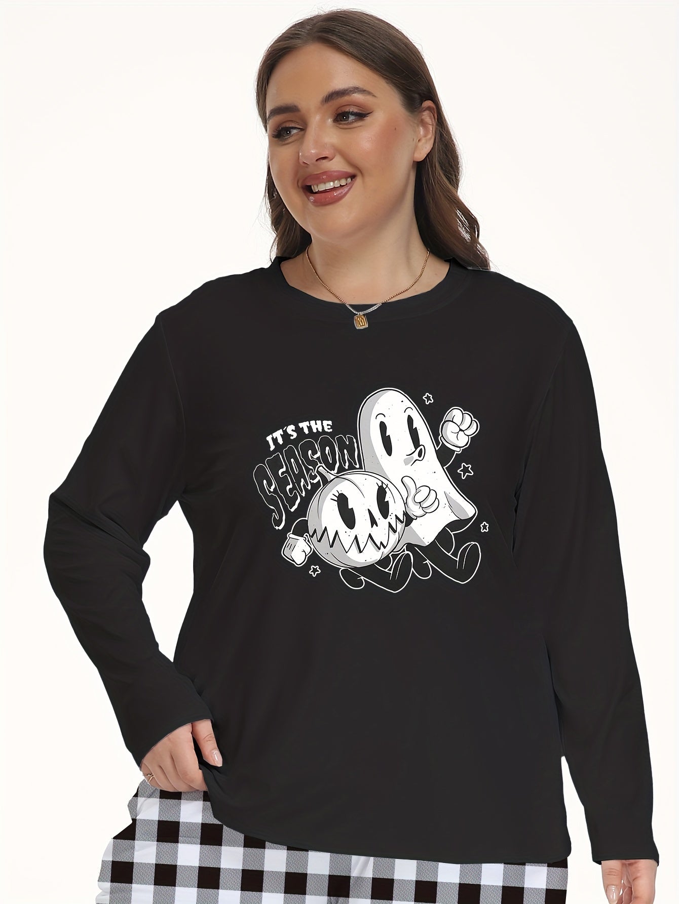 Ghost & Pumpkin Print Plus Size Halloween Lounge Top