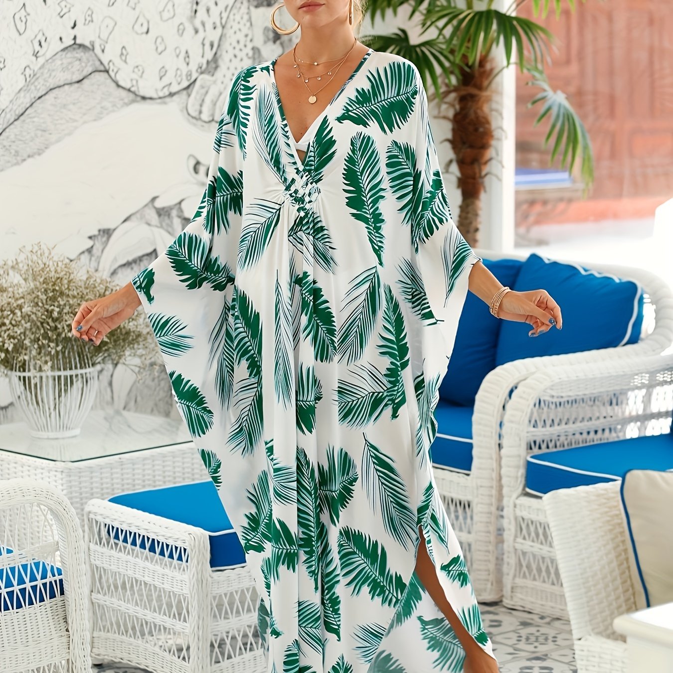 Tropical Print Maxi Kaftan Beach Dress V Neck Split Abaya Dress