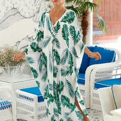 Tropical Print Maxi Kaftan Beach Dress V Neck Split Abaya Dress