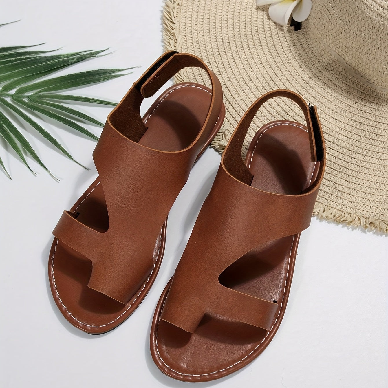 Women's Solid Toe Loop Sandals Casual Hook & Loop Flat Summer Shoes